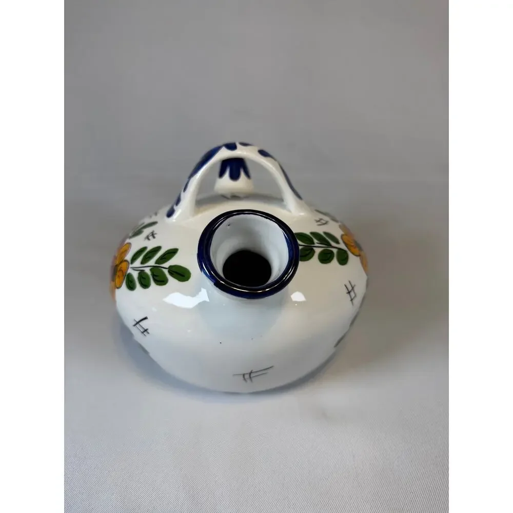 Vtg Spanish Botijo Hand Painted Ceramic Water Jug Floral Folk Art Double Spout